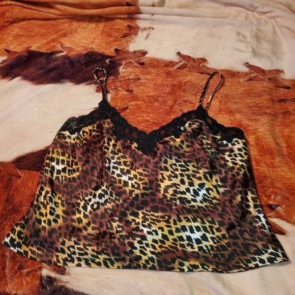 Y2K Victoria's Secret Leopard Print Crop‎ Slip Top Camisole Lace Bodice  Large - Picture 1 of 11